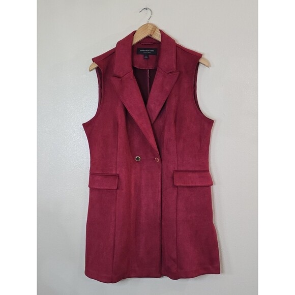 Marc New York Red Suade Longline Trench Jacket Vest Size Large Gold Button - Picture 10 of 10